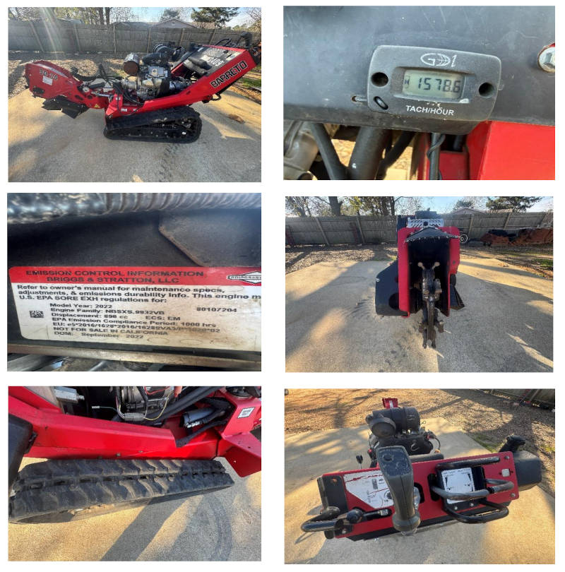 Collage of six photos showing a red Barreto tracked trencher. The images include a side view of the machine, a close-up of the digital tach/hour meter reading 157.86 hours, a close-up of the Briggs & Stratton emission information label, a front view of the trencher’s digging chain and boom, a close-up of the rubber track and lower frame, and a top-down view of the operator control panel with levers and controls.