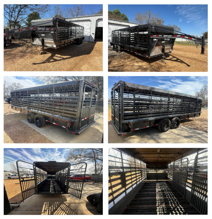Black Delco gooseneck livestock trailer shown from multiple exterior angles and interior views, featuring slatted metal sides, tandem axles, and rear loading gates.
